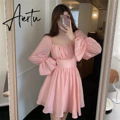 Aiertu  Pink Sweet Elegant Princess Dress Women Casual Korean Slim Long Sleeve Fairy Dress Female Backless Design Vintage Dress New Aiertu