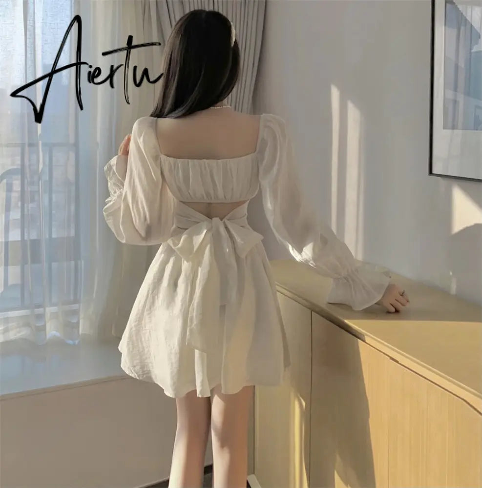 Aiertu  Pink Sweet Elegant Princess Dress Women Casual Korean Slim Long Sleeve Fairy Dress Female Backless Design Vintage Dress New Aiertu