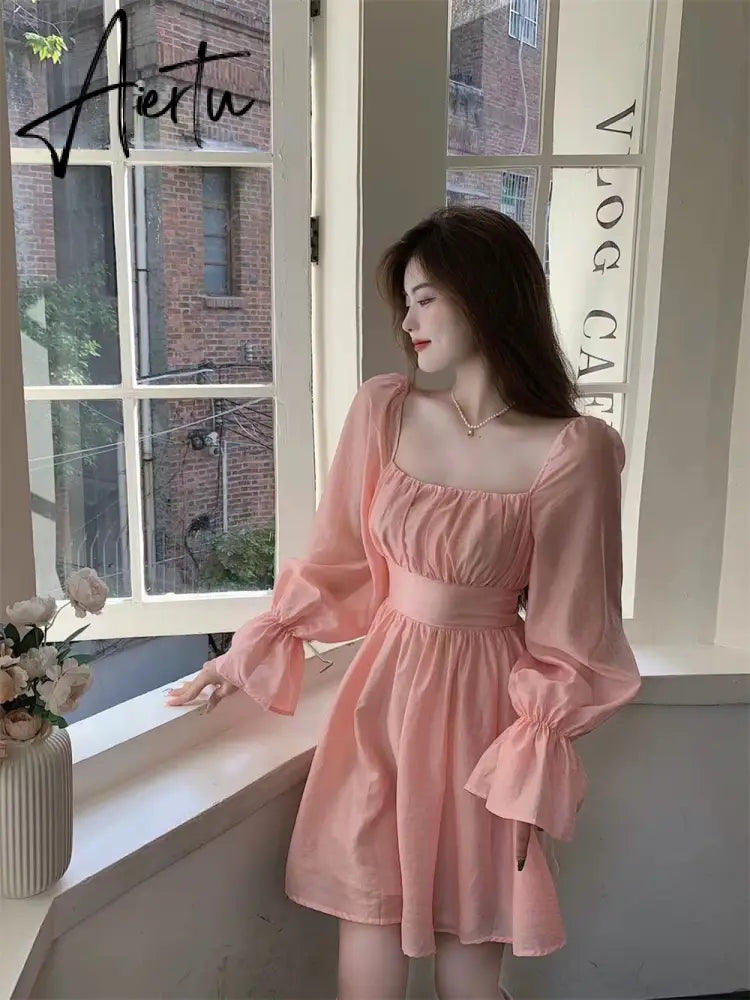 Aiertu  Pink Sweet Elegant Princess Dress Women Casual Korean Slim Long Sleeve Fairy Dress Female Backless Design Vintage Dress New Aiertu