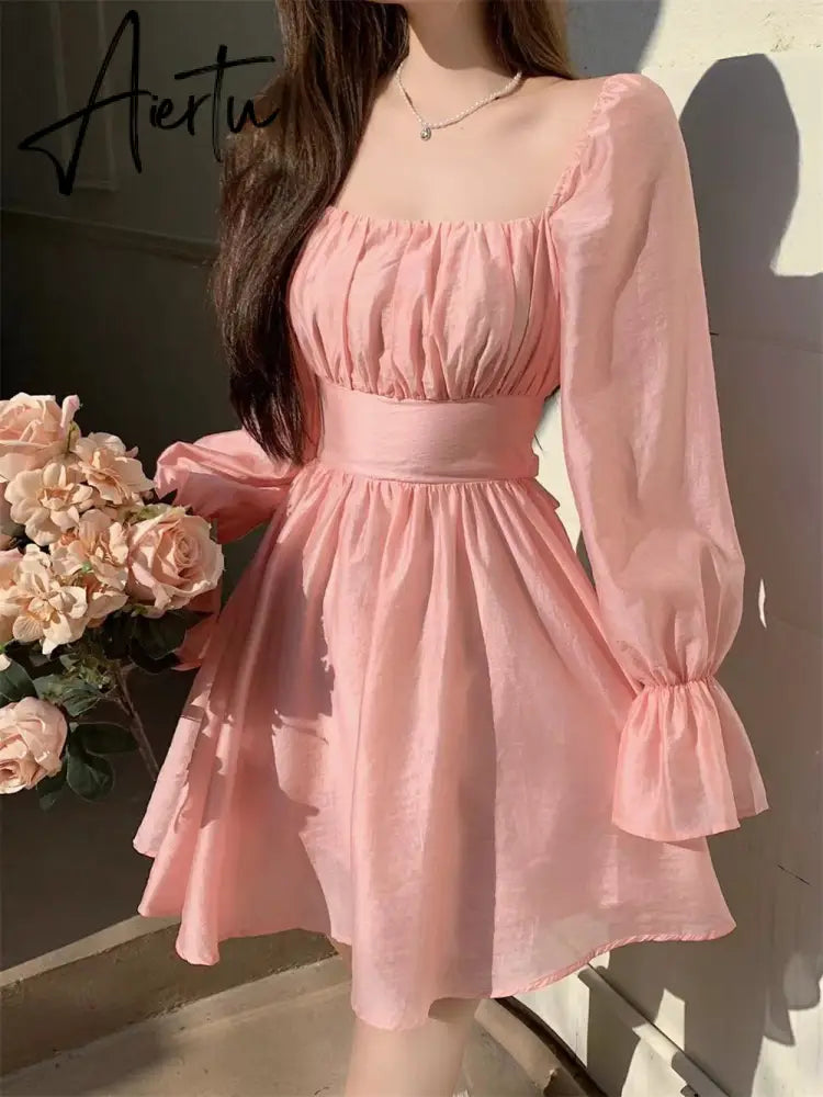 Aiertu  Pink Sweet Elegant Princess Dress Women Casual Korean Slim Long Sleeve Fairy Dress Female Backless Design Vintage Dress New Aiertu