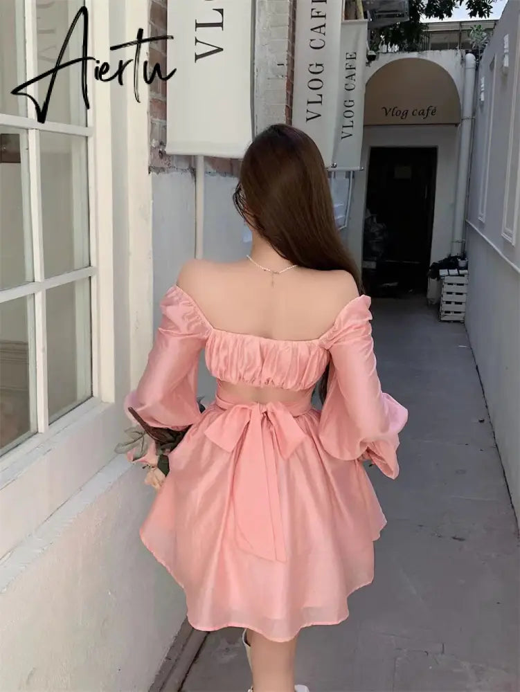 Aiertu  Pink Sweet Elegant Princess Dress Women Casual Korean Slim Long Sleeve Fairy Dress Female Backless Design Vintage Dress New Aiertu