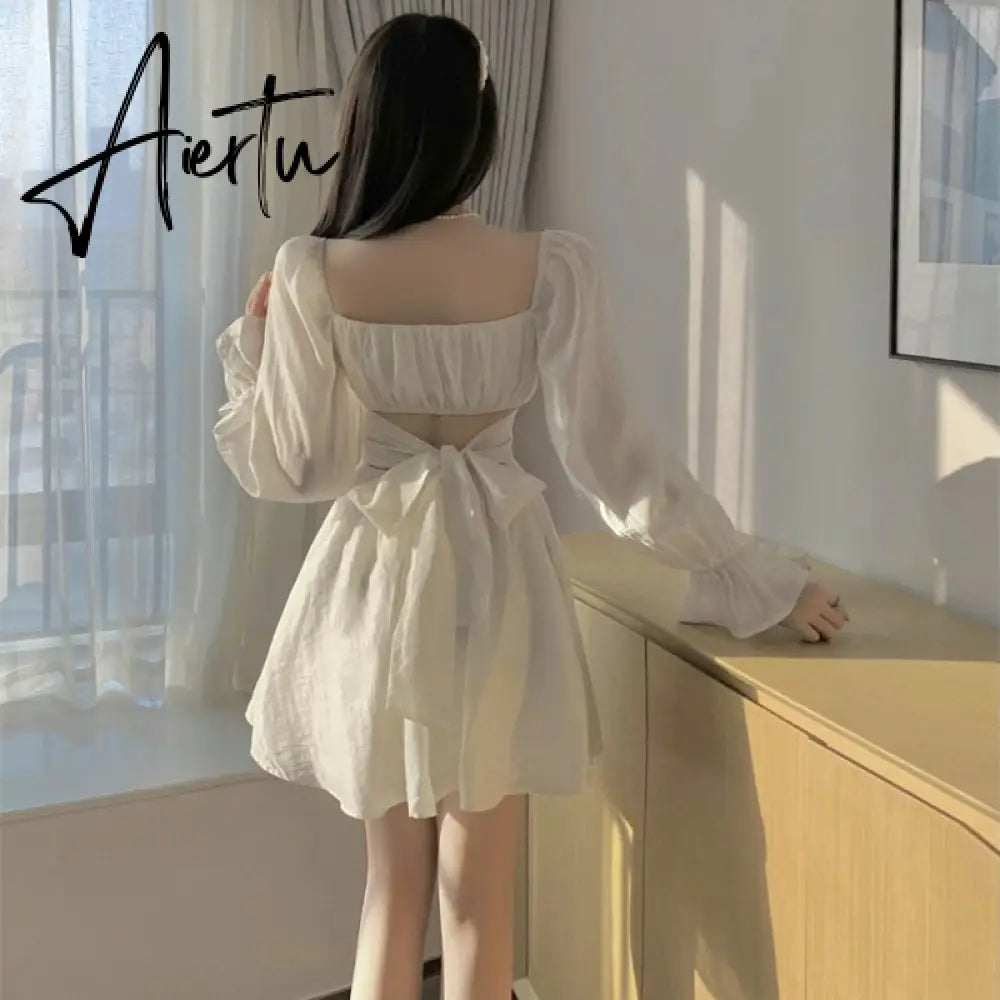 Aiertu  Pink Sweet Elegant Princess Dress Women Casual Korean Slim Long Sleeve Fairy Dress Female Backless Design Vintage Dress New Aiertu