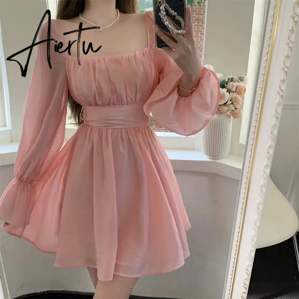 Aiertu  Pink Sweet Elegant Princess Dress Women Casual Korean Slim Long Sleeve Fairy Dress Female Backless Design Vintage Dress New Aiertu