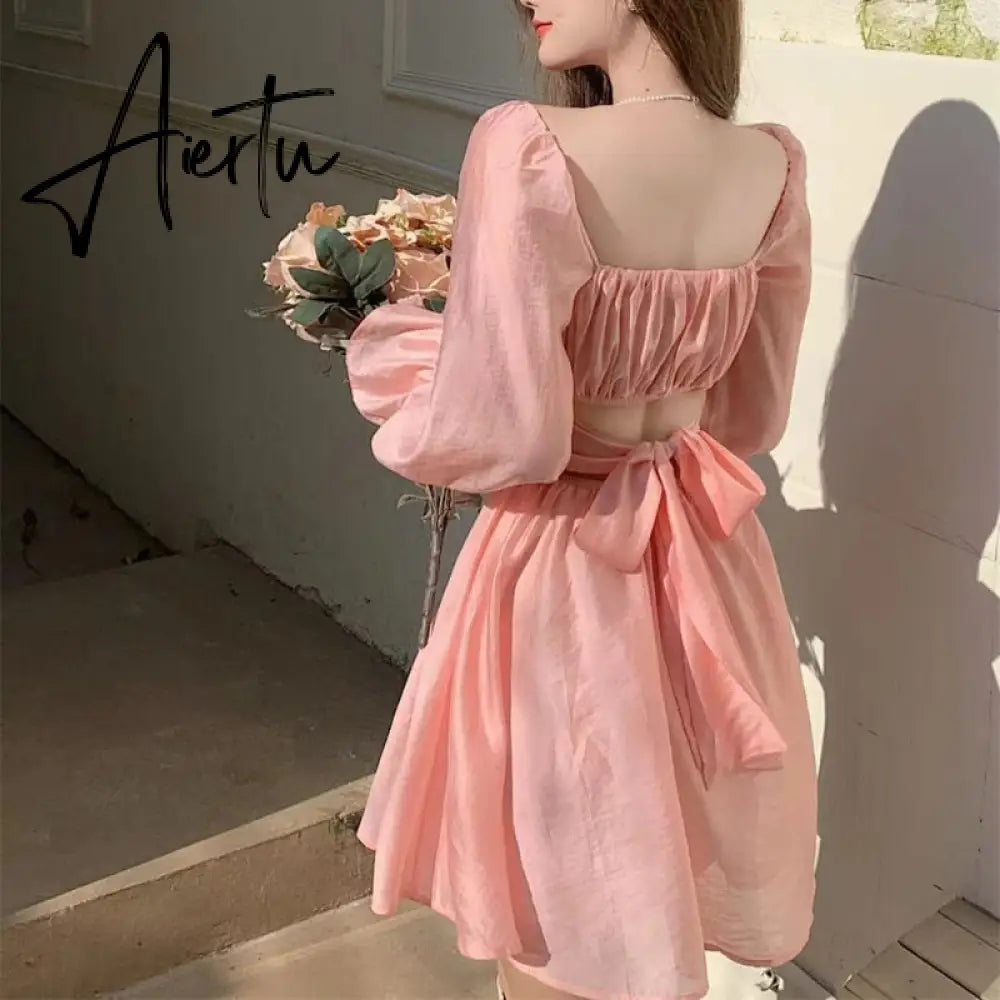 Aiertu  Pink Sweet Elegant Princess Dress Women Casual Korean Slim Long Sleeve Fairy Dress Female Backless Design Vintage Dress New Aiertu