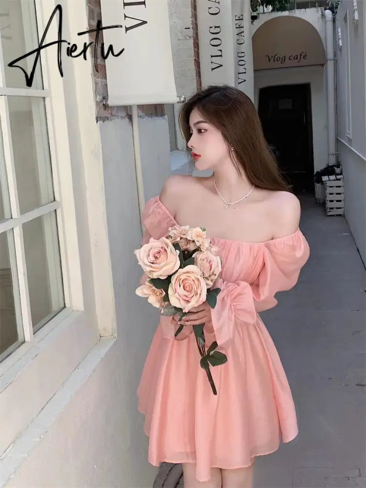 Aiertu  Pink Sweet Elegant Princess Dress Women Casual Korean Slim Long Sleeve Fairy Dress Female Backless Design Vintage Dress New Aiertu