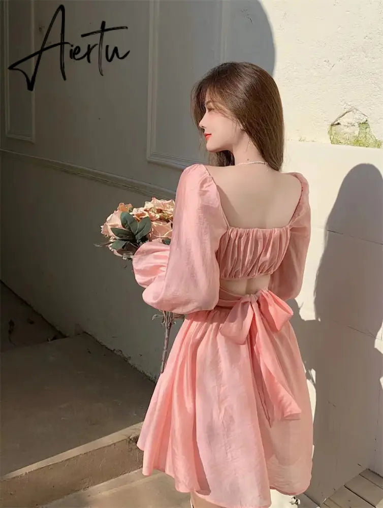 Aiertu  Pink Sweet Elegant Princess Dress Women Casual Korean Slim Long Sleeve Fairy Dress Female Backless Design Vintage Dress New Aiertu