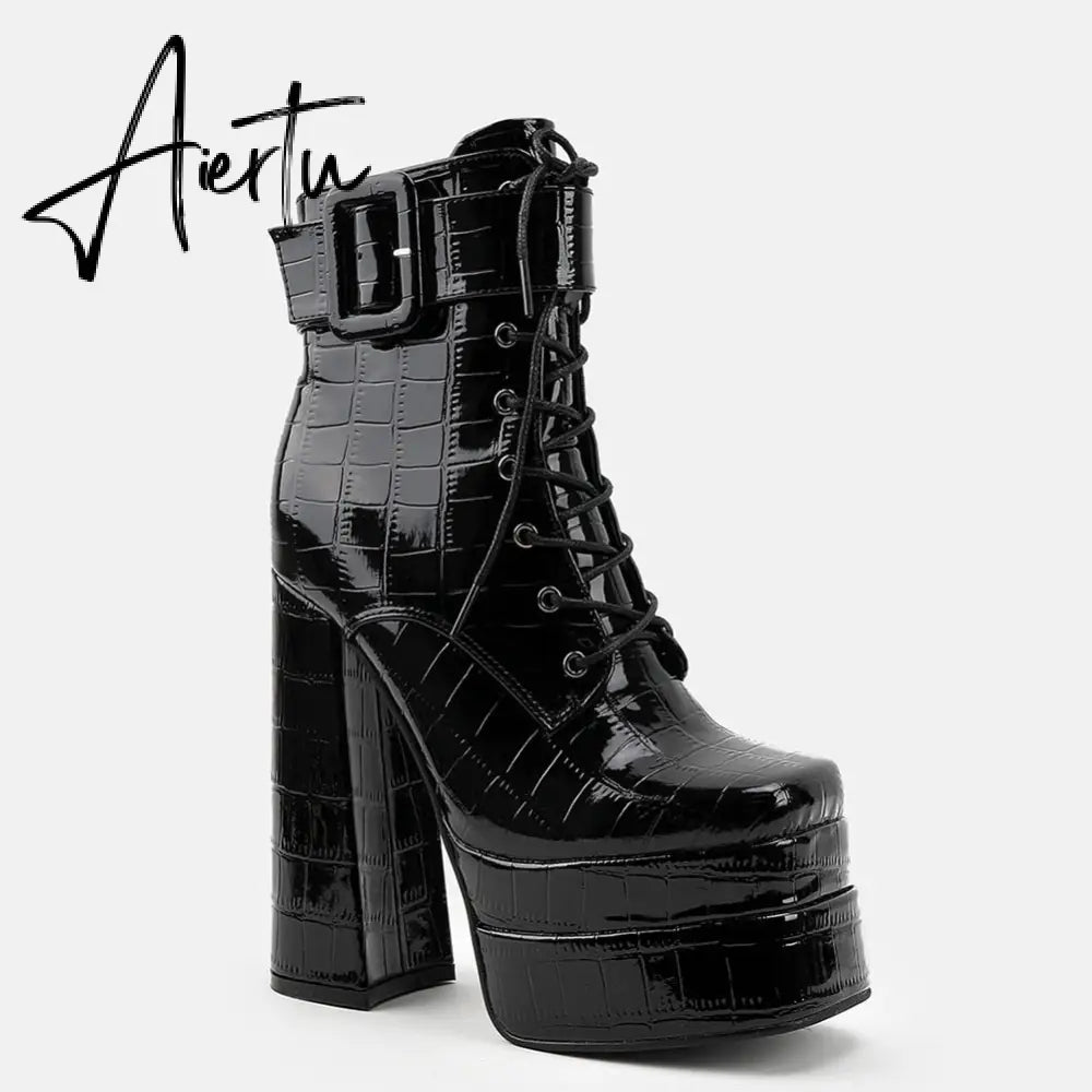 Aiertu  Platform Ankle Boots For Women Lace Up Brand New Chunky Heel Fashion Sexy High Quality Shoes Buckle Autumn Popular New Aiertu