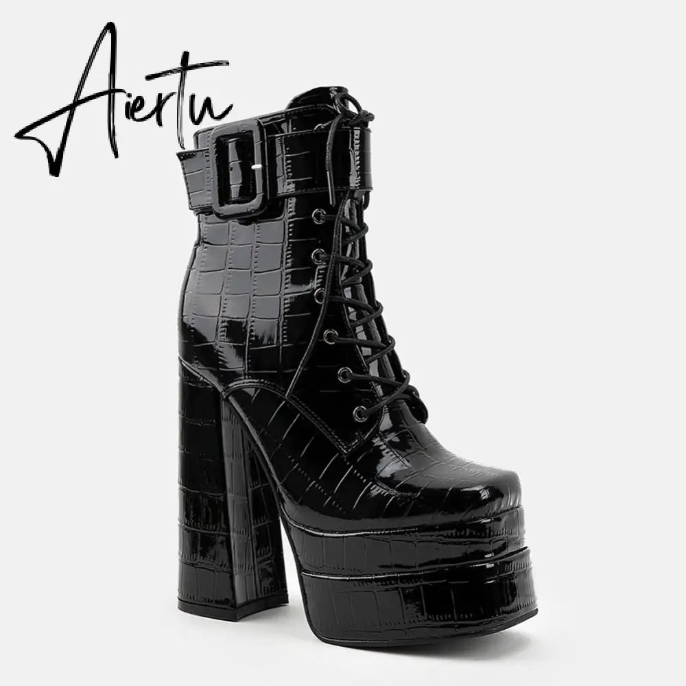Aiertu  Platform Ankle Boots For Women Lace Up Brand New Chunky Heel Fashion Sexy High Quality Shoes Buckle Autumn Popular New Aiertu