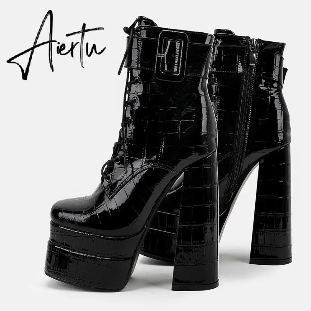 Aiertu  Platform Ankle Boots For Women Lace Up Brand New Chunky Heel Fashion Sexy High Quality Shoes Buckle Autumn Popular New Aiertu