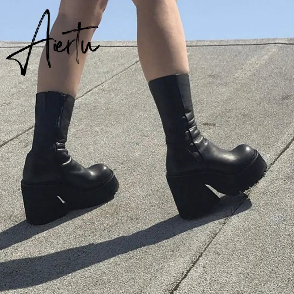 Aiertu Platform Ankle Boots Shoes For Women Goth Gothic Fashion Mid Calf Ankle Women's Boots Female  Winter Brand INS Free Shipping Aiertu