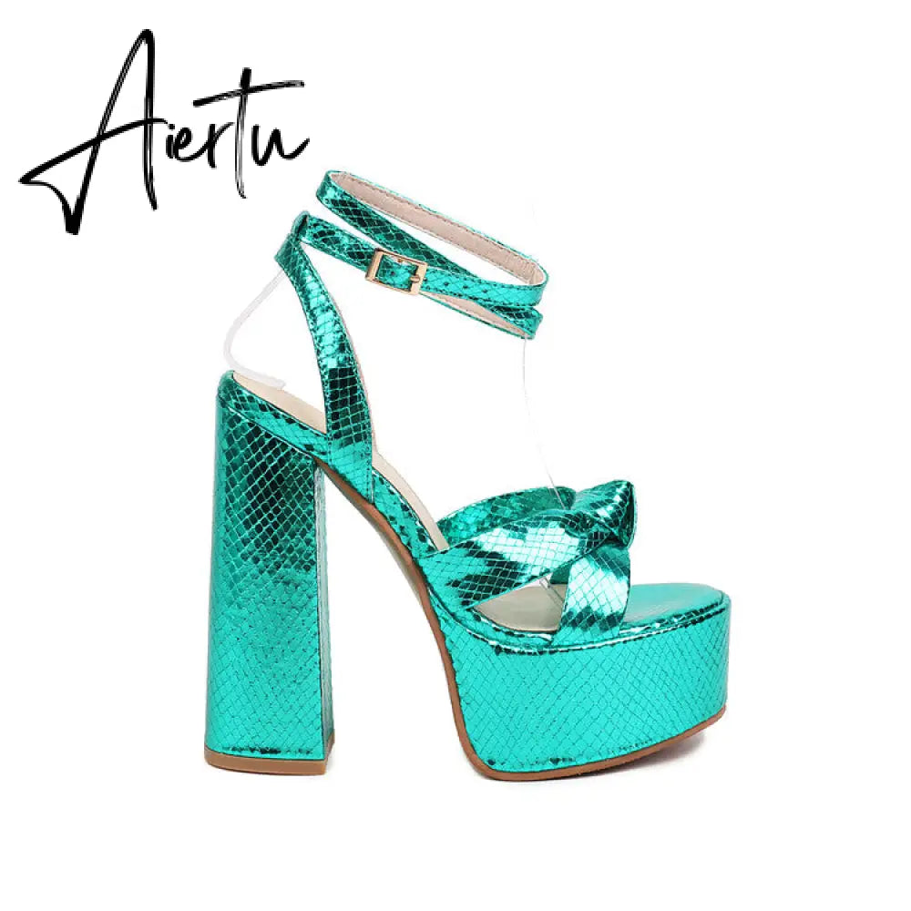 Aiertu Platform Sandals For Women Summer Gold Bow Knot High Block Heel Fashion Sexy Luxury Brand New Shoes Trendy Ankle Strap Aiertu