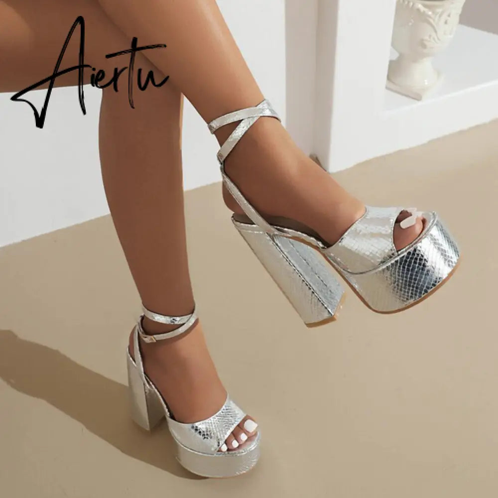 Aiertu Platform Sandals For Women Summer Gold Bow Knot High Block Heel Fashion Sexy Luxury Brand New Shoes Trendy Ankle Strap Aiertu