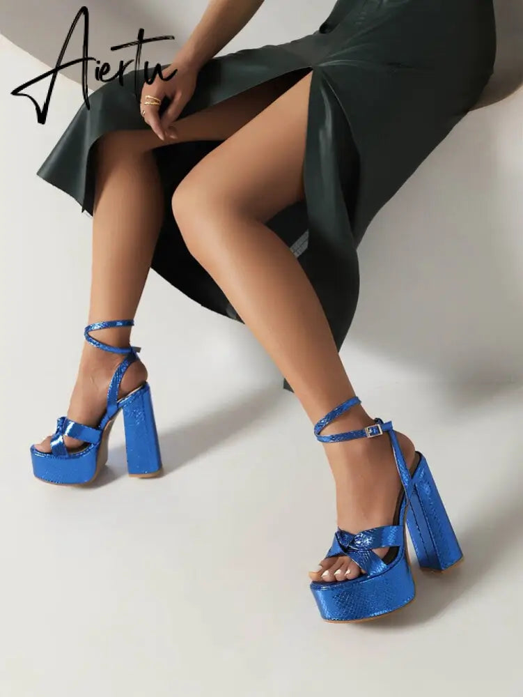 Aiertu Platform Sandals For Women Summer Gold Bow Knot High Block Heel Fashion Sexy Luxury Brand New Shoes Trendy Ankle Strap Aiertu