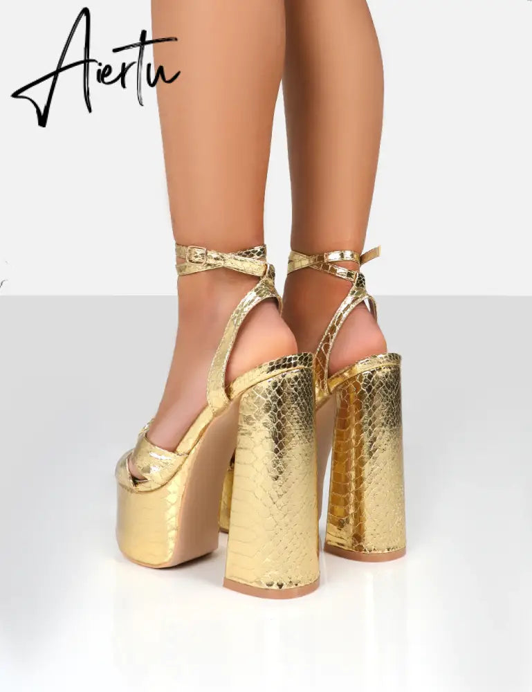 Aiertu Platform Sandals For Women Summer Gold Bow Knot High Block Heel Fashion Sexy Luxury Brand New Shoes Trendy Ankle Strap Aiertu