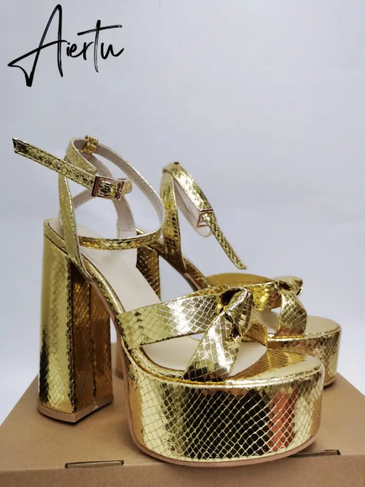 Aiertu Platform Sandals For Women Summer Gold Bow Knot High Block Heel Fashion Sexy Luxury Brand New Shoes Trendy Ankle Strap Aiertu