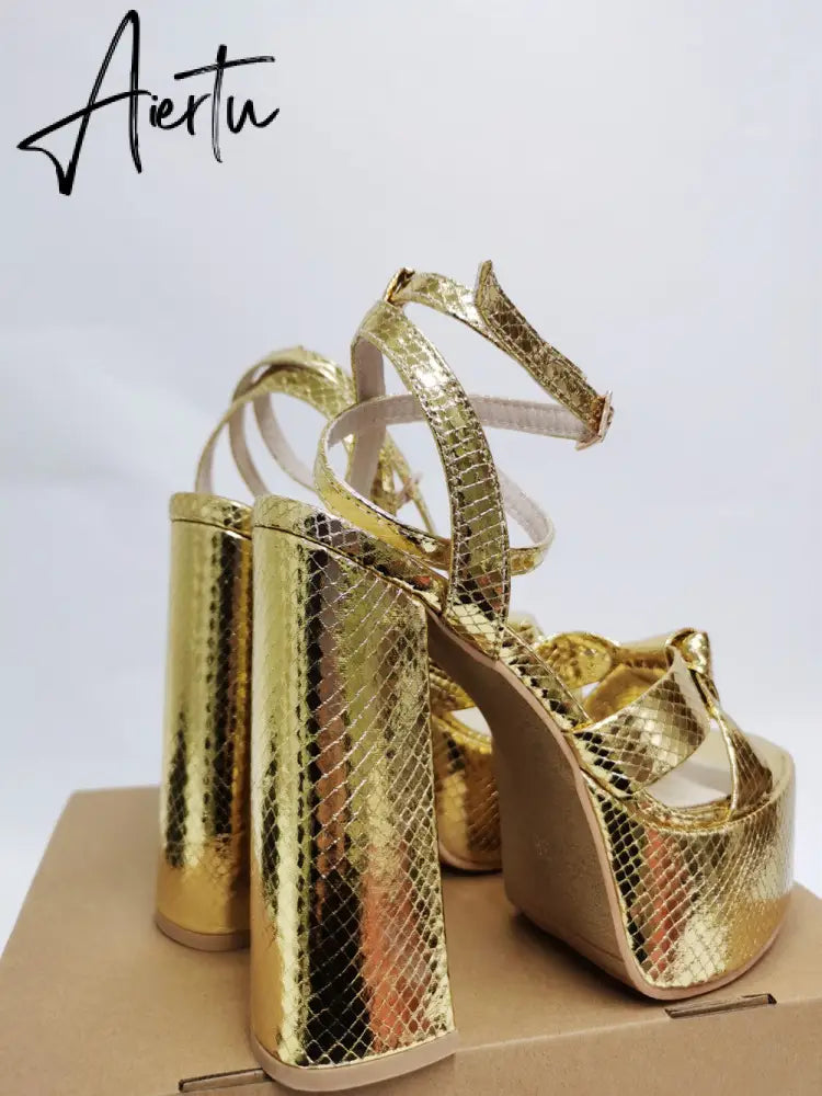 Aiertu Platform Sandals For Women Summer Gold Bow Knot High Block Heel Fashion Sexy Luxury Brand New Shoes Trendy Ankle Strap Aiertu
