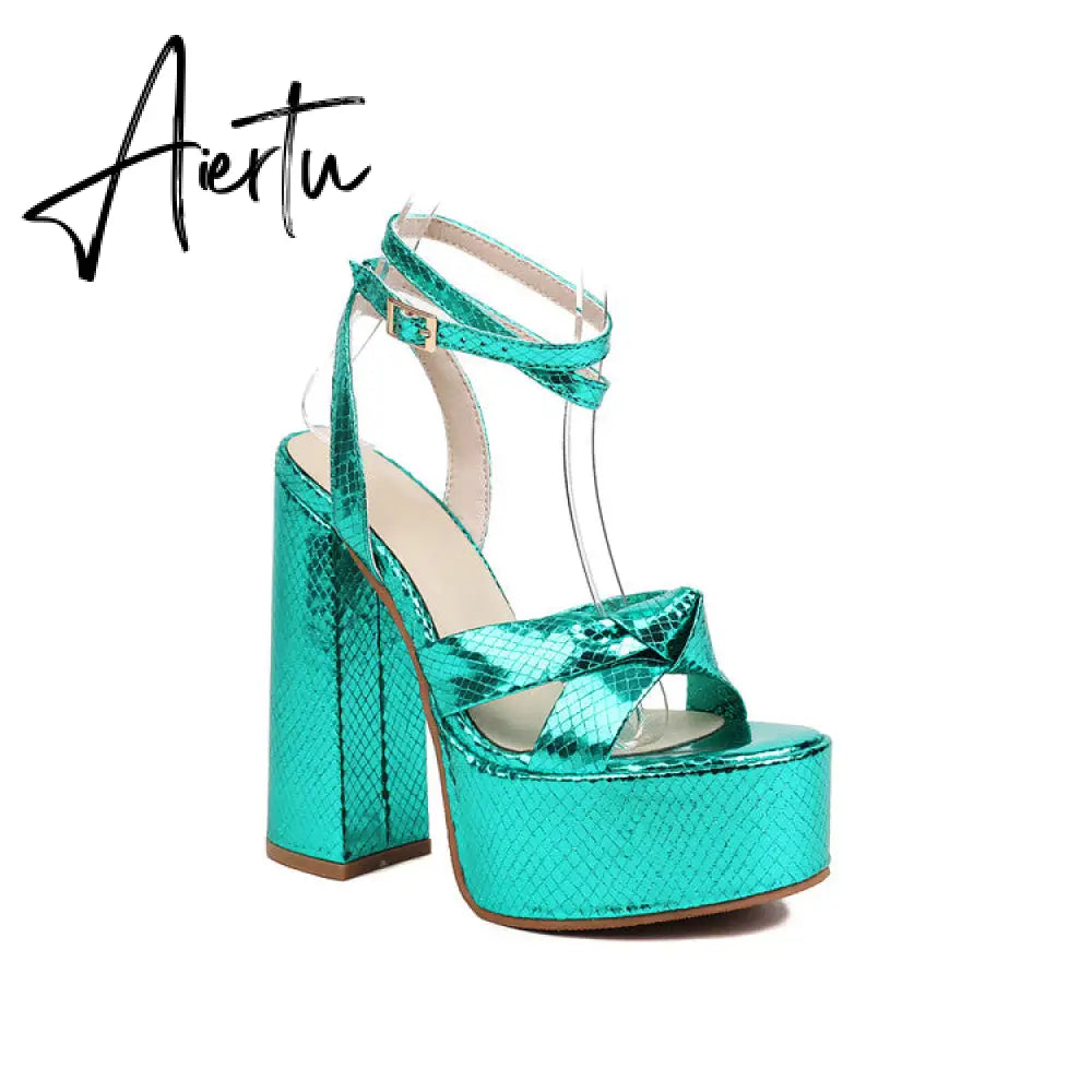 Aiertu Platform Sandals For Women Summer Gold Bow Knot High Block Heel Fashion Sexy Luxury Brand New Shoes Trendy Ankle Strap Aiertu
