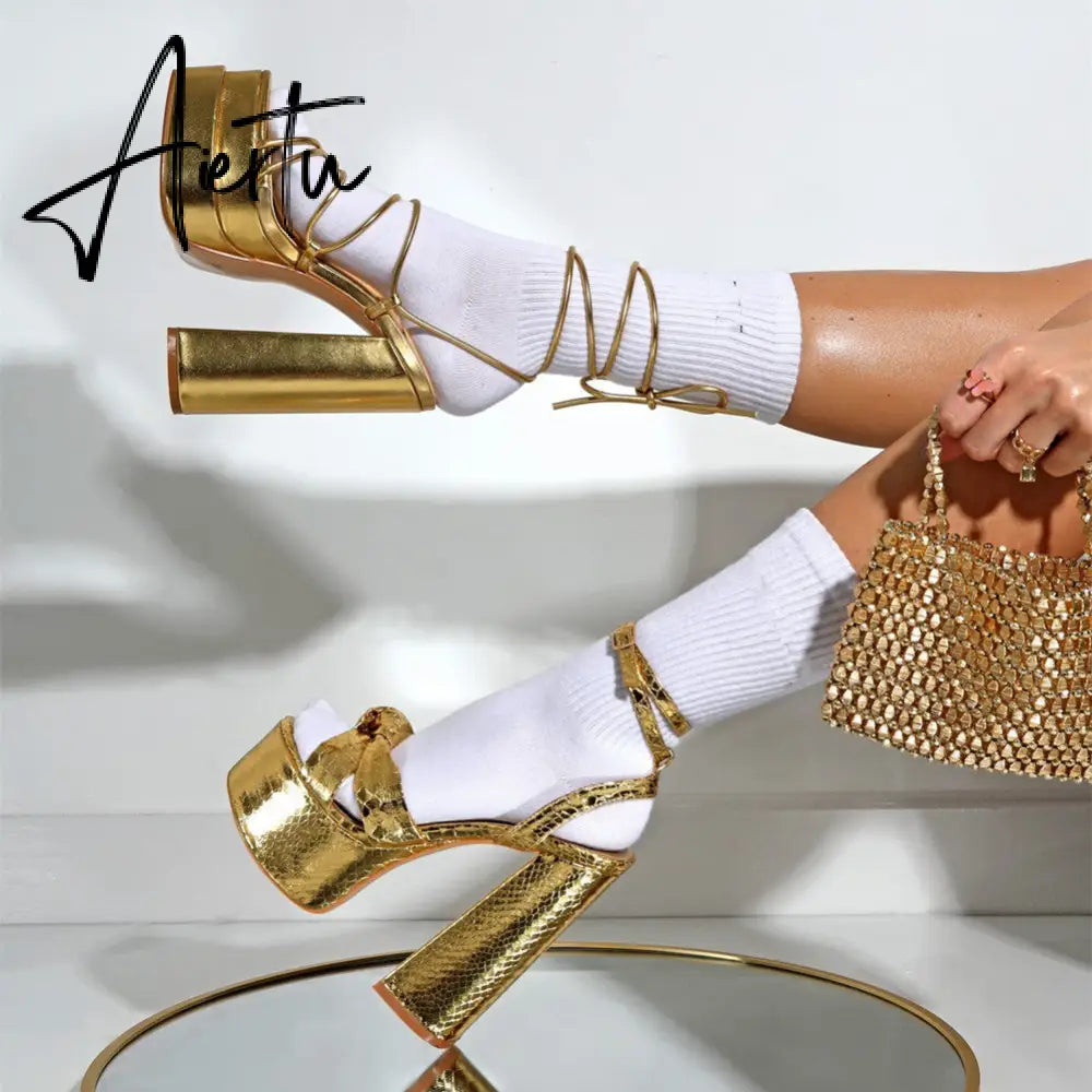 Aiertu Platform Sandals For Women Summer Gold Bow Knot High Block Heel Fashion Sexy Luxury Brand New Shoes Trendy Ankle Strap Aiertu