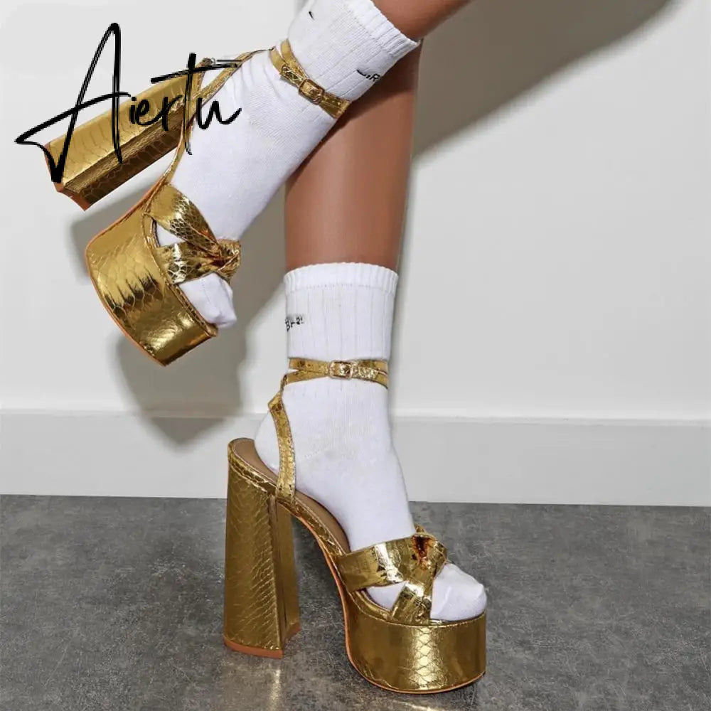 Aiertu Platform Sandals For Women Summer Gold Bow Knot High Block Heel Fashion Sexy Luxury Brand New Shoes Trendy Ankle Strap Aiertu
