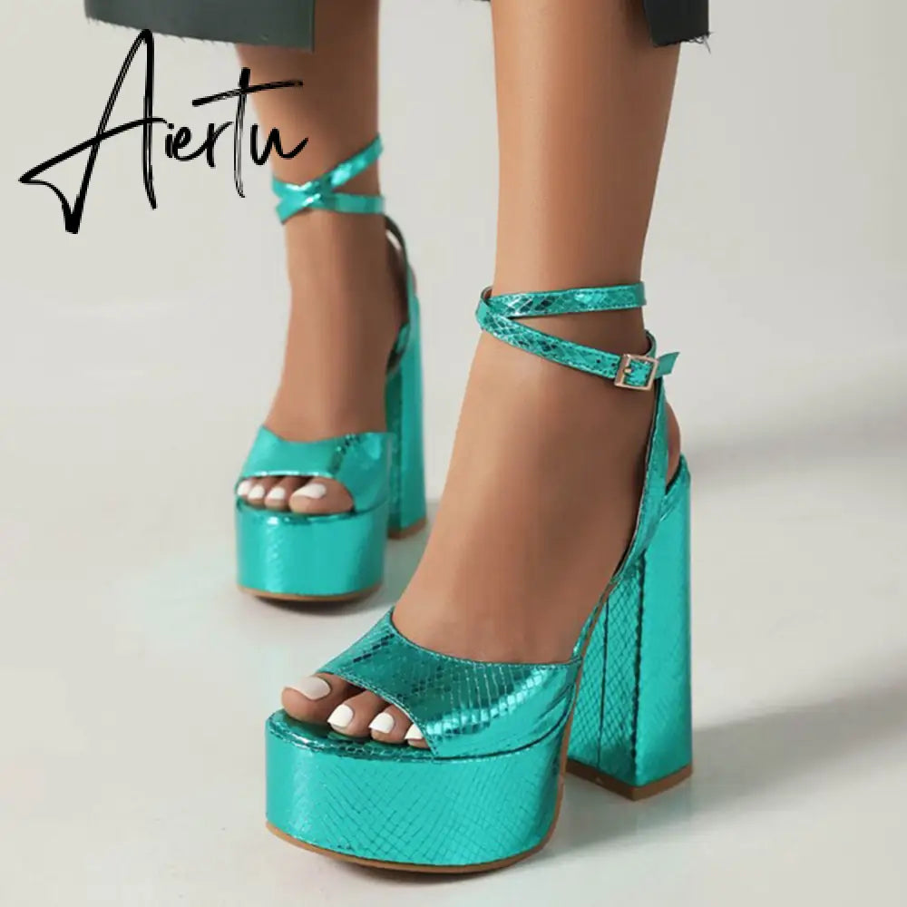 Aiertu Platform Sandals For Women Summer Gold Bow Knot High Block Heel Fashion Sexy Luxury Brand New Shoes Trendy Ankle Strap Aiertu