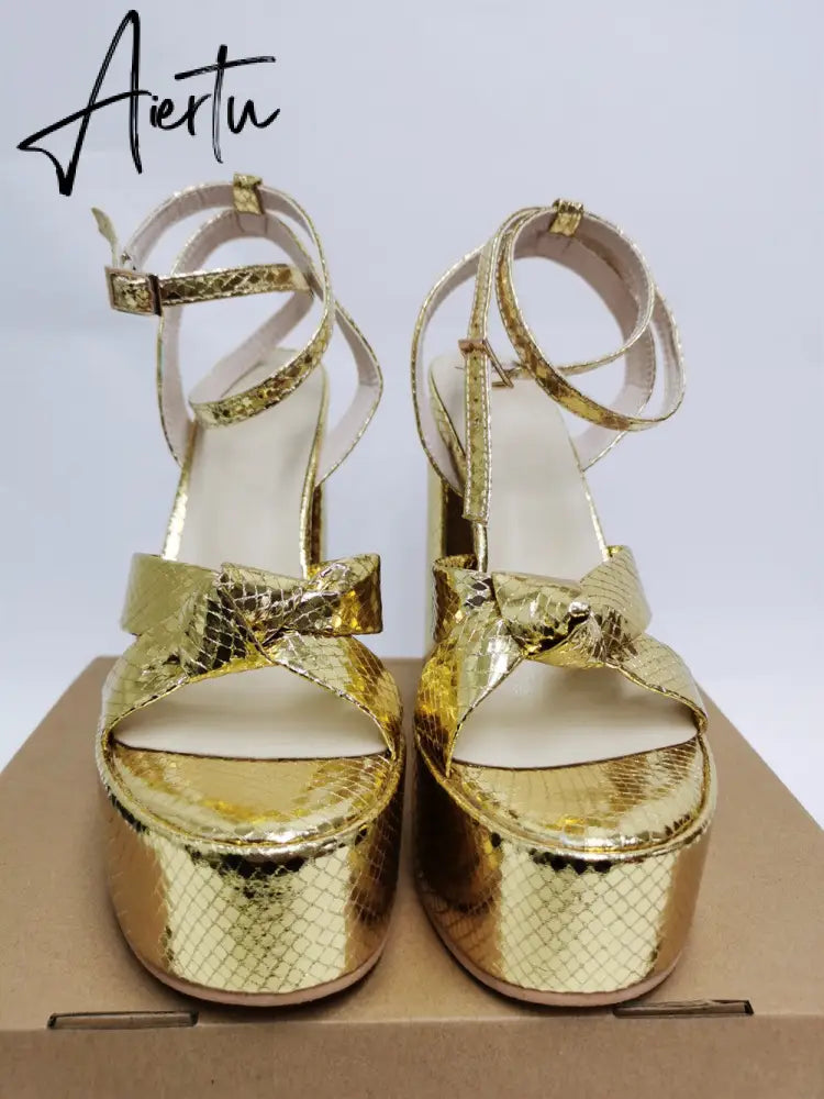 Aiertu Platform Sandals For Women Summer Gold Bow Knot High Block Heel Fashion Sexy Luxury Brand New Shoes Trendy Ankle Strap Aiertu