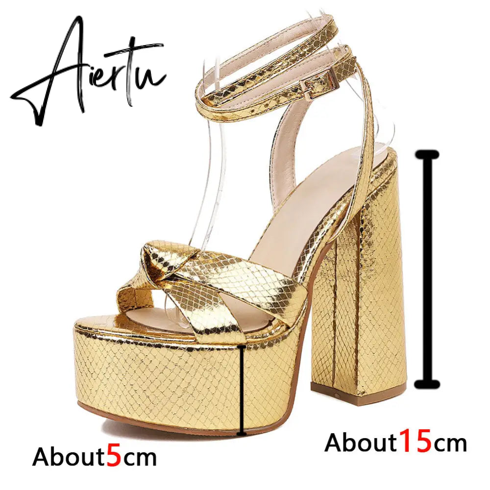 Aiertu Platform Sandals For Women Summer Gold Bow Knot High Block Heel Fashion Sexy Luxury Brand New Shoes Trendy Ankle Strap Aiertu