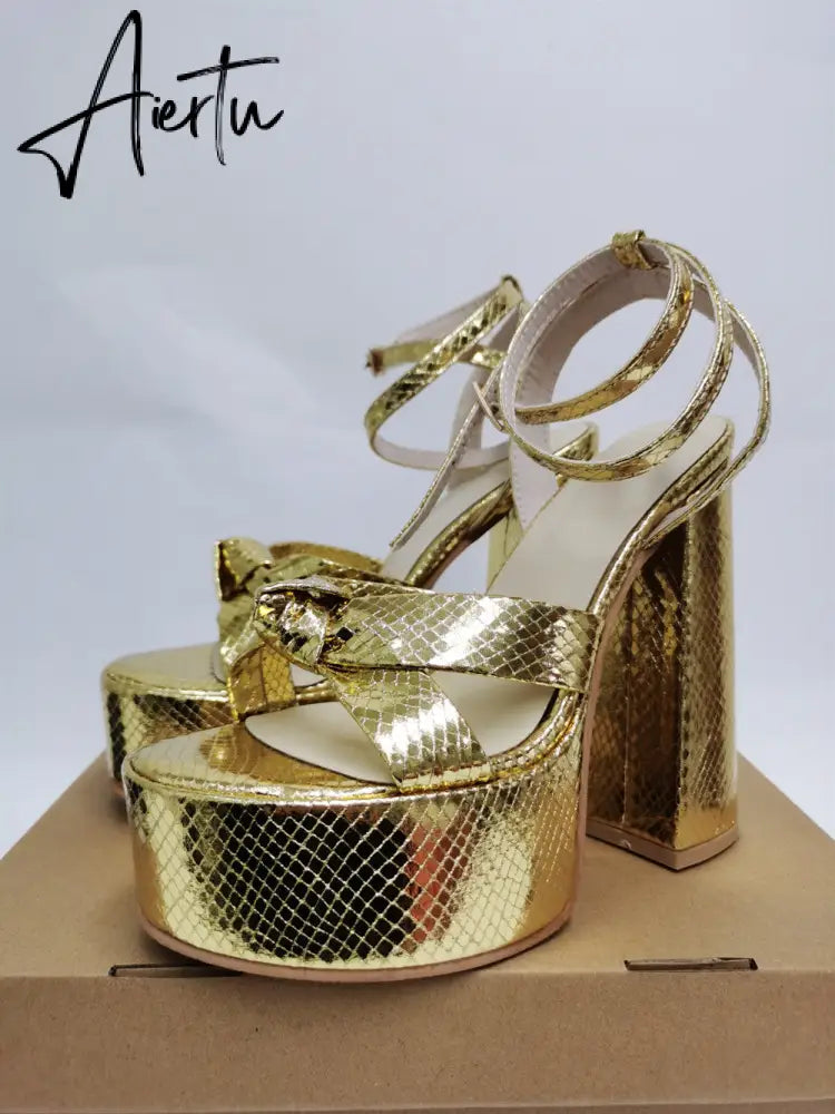 Aiertu Platform Sandals For Women Summer Gold Bow Knot High Block Heel Fashion Sexy Luxury Brand New Shoes Trendy Ankle Strap Aiertu
