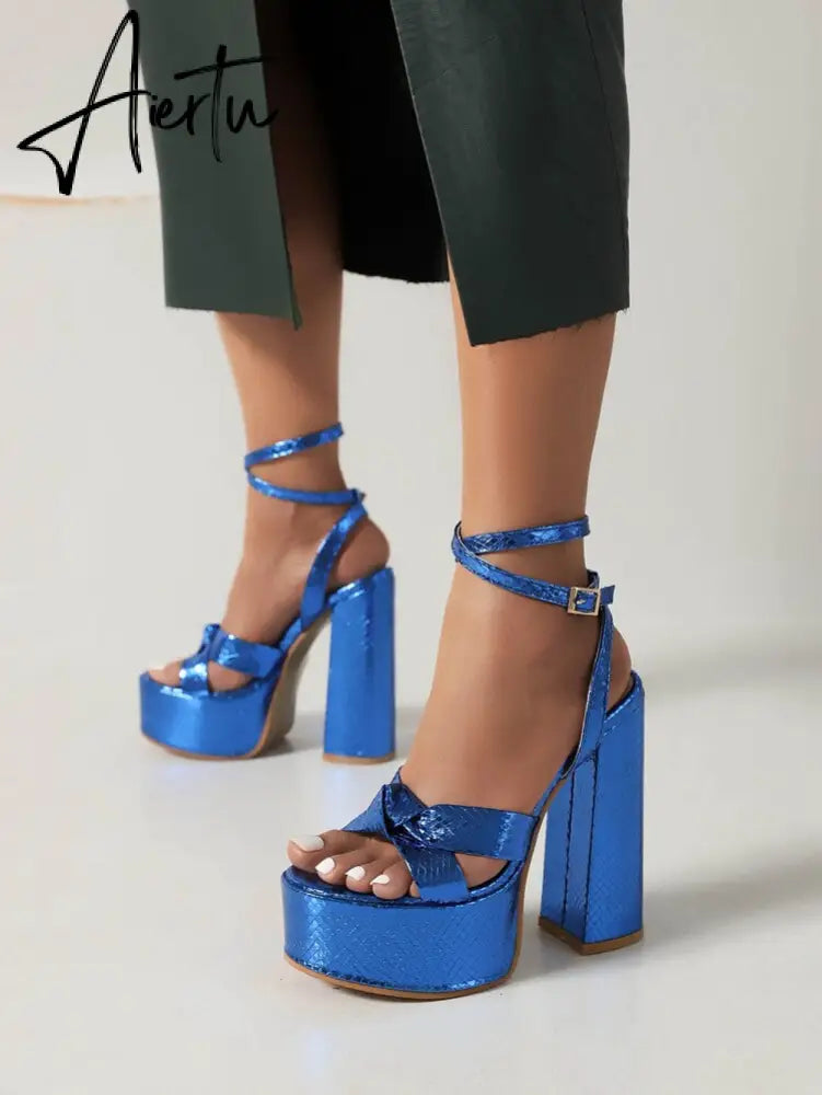 Aiertu Platform Sandals For Women Summer Gold Bow Knot High Block Heel Fashion Sexy Luxury Brand New Shoes Trendy Ankle Strap Aiertu