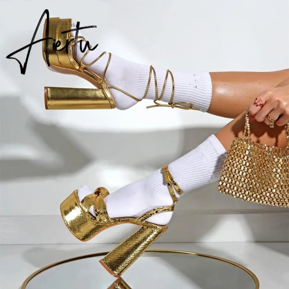 Aiertu Platform Sandals For Women Summer Gold Bow Knot High Block Heel Fashion Sexy Luxury Brand New Shoes Trendy Ankle Strap Aiertu