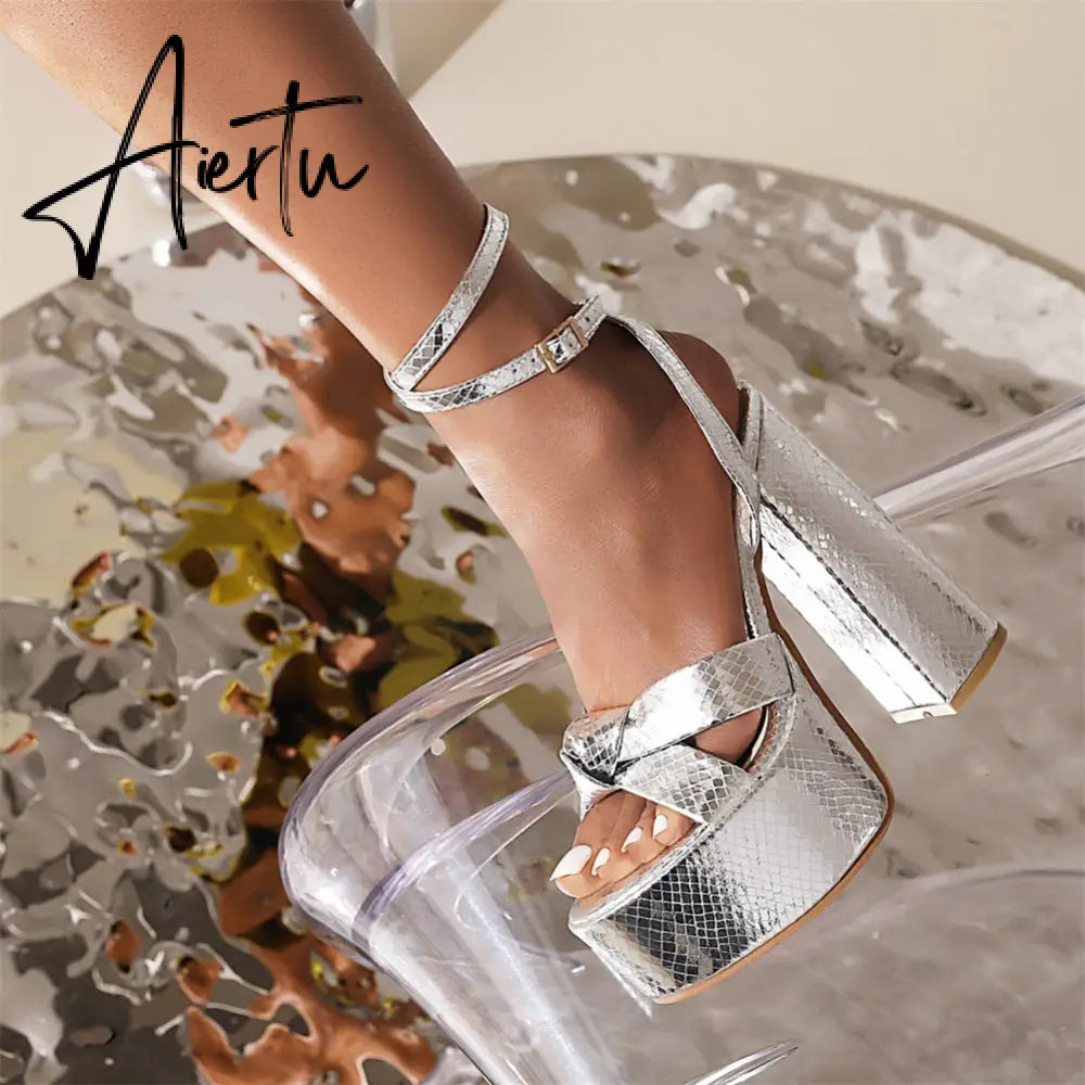 Aiertu Platform Sandals For Women Summer Gold Bow Knot High Block Heel Fashion Sexy Luxury Brand New Shoes Trendy Ankle Strap Aiertu