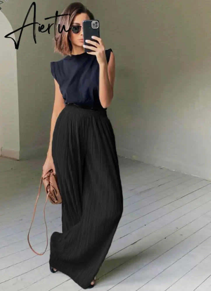 Aiertu Pleated Wide Leg Pants Womens Pants Fashion  Casual Loose Trousers Office Lady Elegant Long Palazzo Pants Aiertu