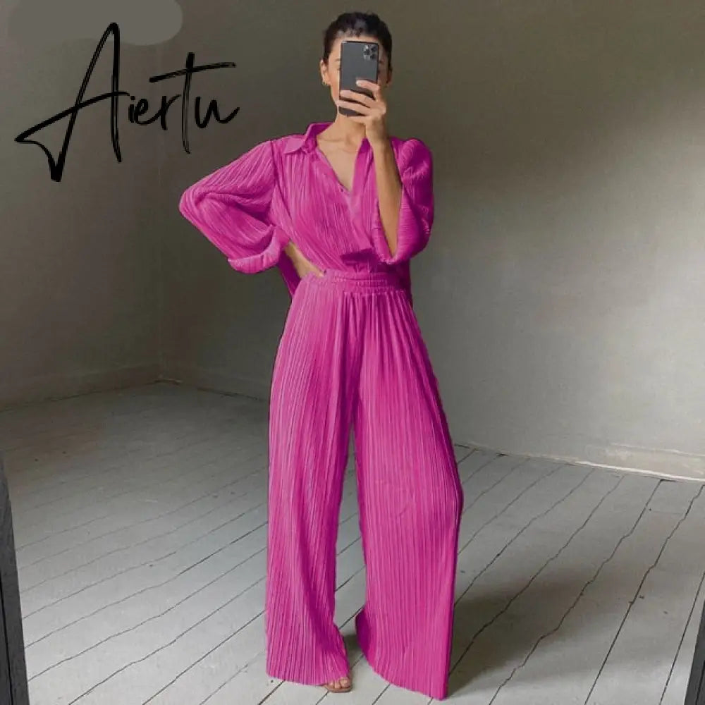 Aiertu Pleated Wide Leg Pants Womens Pants Fashion  Casual Loose Trousers Office Lady Elegant Long Palazzo Pants Aiertu