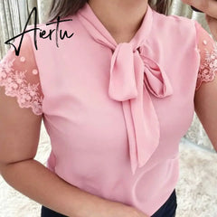 Aiertu Plus Size 5xl Elegant Lace Up Bow Tie Shirt Summer Short Sleeve Solid Color Chiffon Casual Blouse Office Lady Blusas Women Tops Aiertu