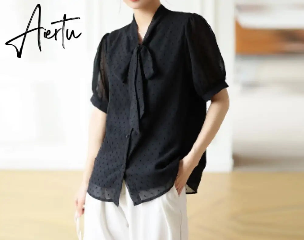 Aiertu Plus Size 5xl Elegant Lace Up Bow Tie Shirt Summer Short Sleeve Solid Color Chiffon Casual Blouse Office Lady Blusas Women Tops Aiertu