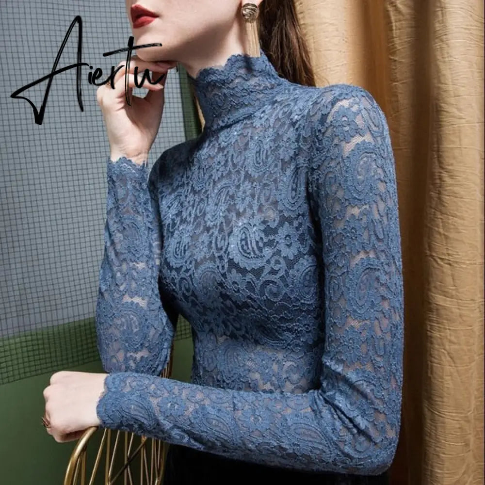 Aiertu Plus Size Women Lace Blouses Shirts Sexy Hollow Out Long Sleeve Solid Blouse Lady Elegant Floral Embroidery Elastic Shirt Tops Aiertu