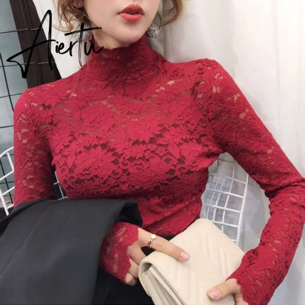 Aiertu Plus Size Women Lace Blouses Shirts Sexy Hollow Out Long Sleeve Solid Blouse Lady Elegant Floral Embroidery Elastic Shirt Tops Aiertu