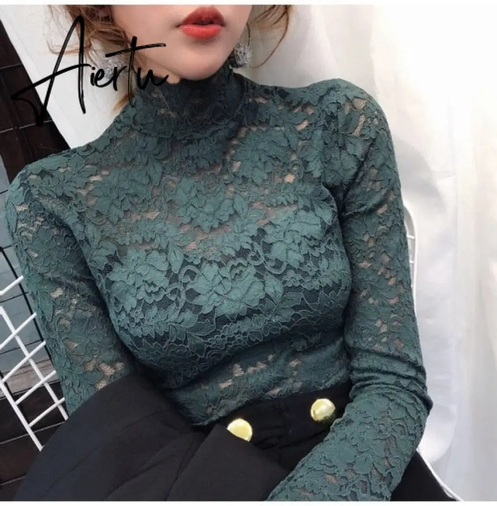 Aiertu Plus Size Women Lace Blouses Shirts Sexy Hollow Out Long Sleeve Solid Blouse Lady Elegant Floral Embroidery Elastic Shirt Tops Aiertu