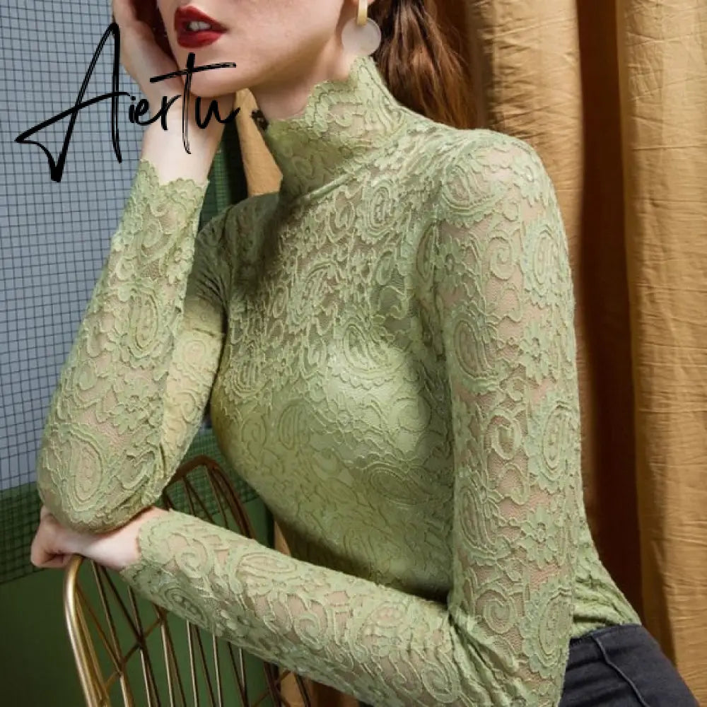 Aiertu Plus Size Women Lace Blouses Shirts Sexy Hollow Out Long Sleeve Solid Blouse Lady Elegant Floral Embroidery Elastic Shirt Tops Aiertu