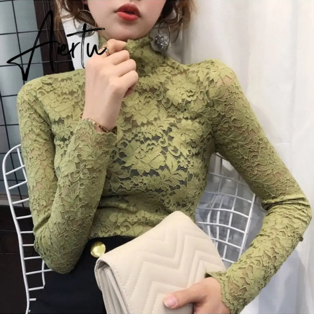 Aiertu Plus Size Women Lace Blouses Shirts Sexy Hollow Out Long Sleeve Solid Blouse Lady Elegant Floral Embroidery Elastic Shirt Tops Aiertu