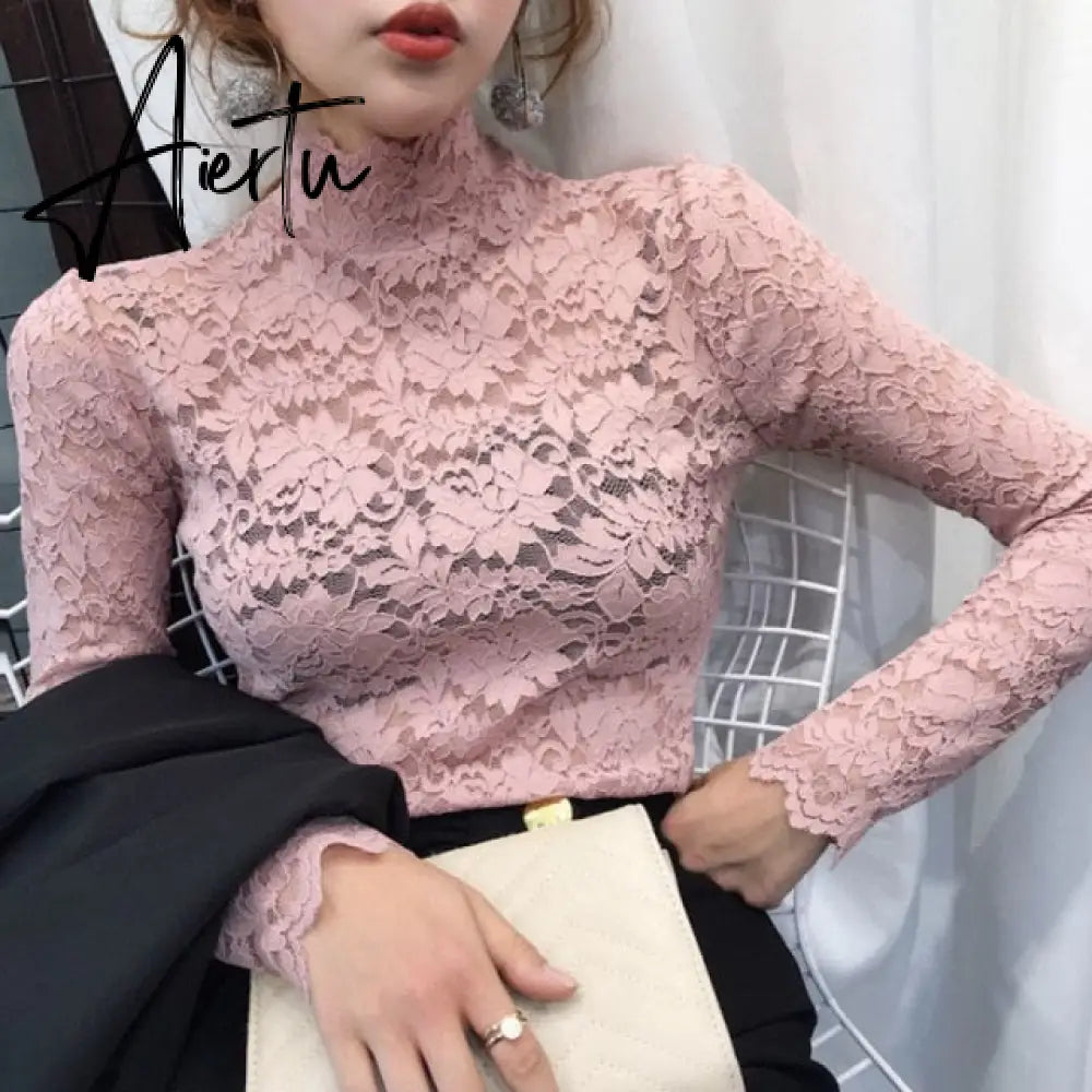 Aiertu Plus Size Women Lace Blouses Shirts Sexy Hollow Out Long Sleeve Solid Blouse Lady Elegant Floral Embroidery Elastic Shirt Tops Aiertu