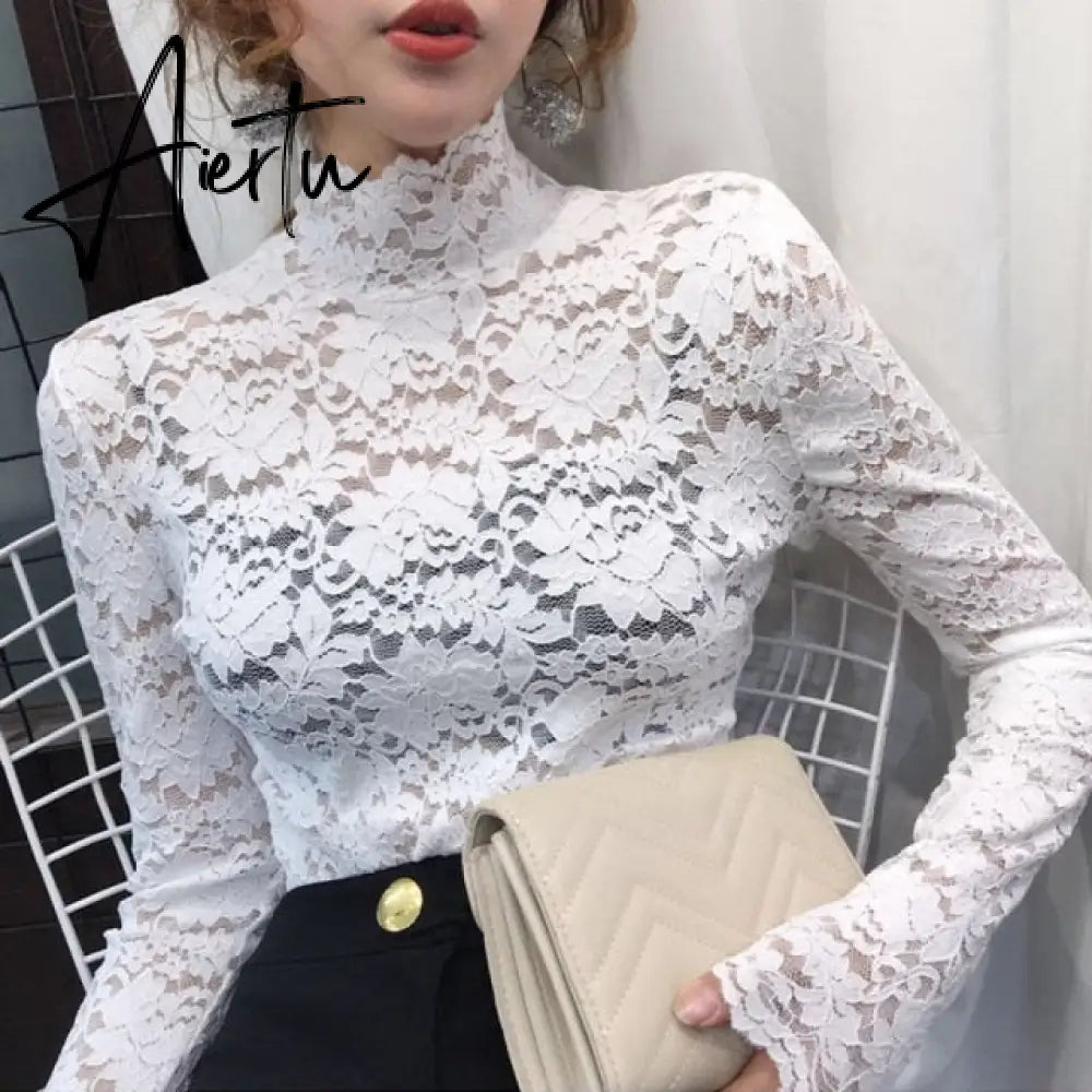 Aiertu Plus Size Women Lace Blouses Shirts Sexy Hollow Out Long Sleeve Solid Blouse Lady Elegant Floral Embroidery Elastic Shirt Tops Aiertu