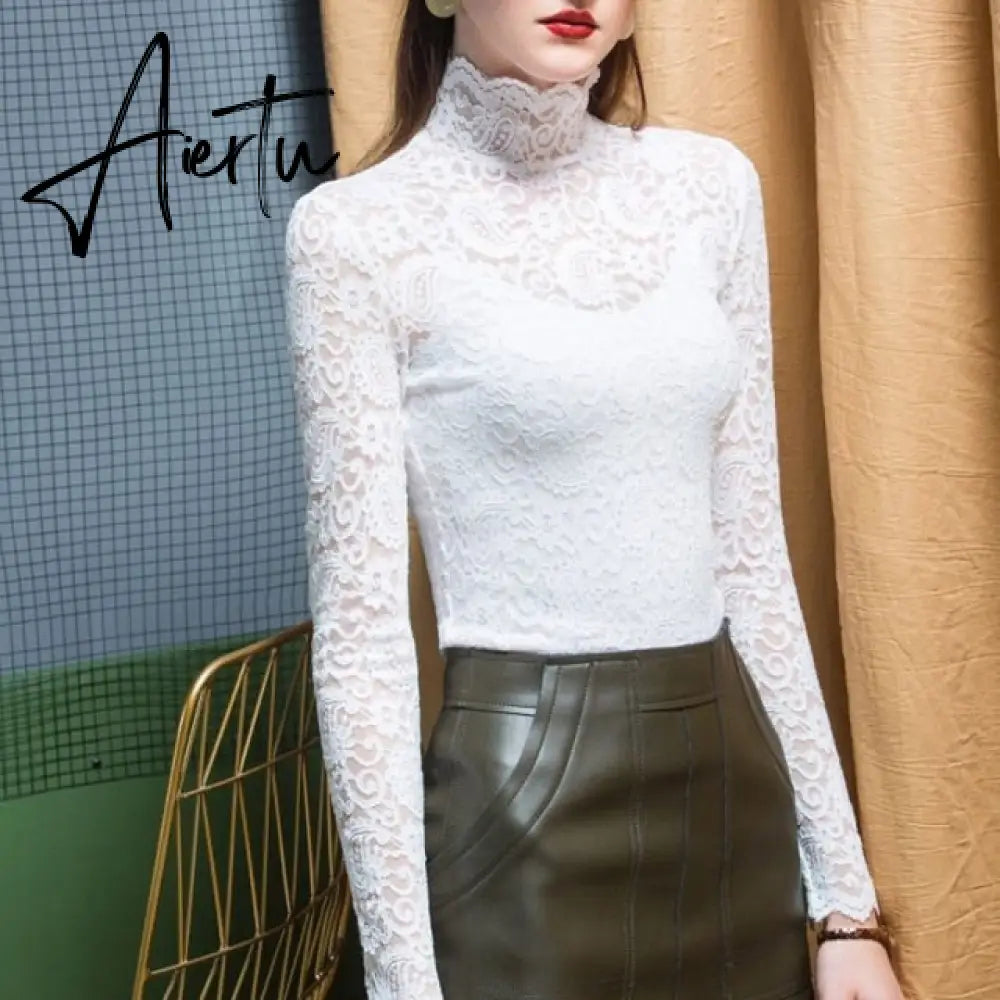 Aiertu Plus Size Women Lace Blouses Shirts Sexy Hollow Out Long Sleeve Solid Blouse Lady Elegant Floral Embroidery Elastic Shirt Tops Aiertu