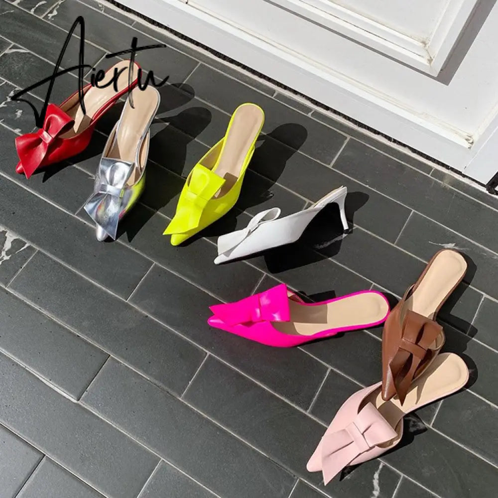 Aiertu  Pointed flat bow slippers women summer wear Baotou half slippers new fashion lazy sandals women's shoes Aiertu
