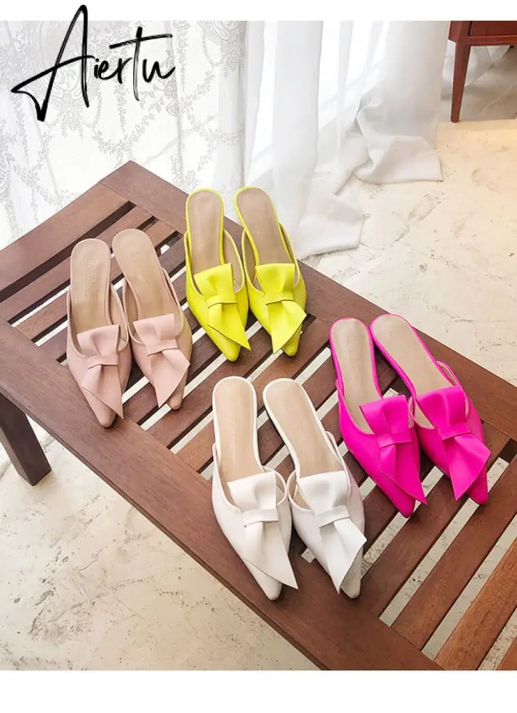 Aiertu  Pointed flat bow slippers women summer wear Baotou half slippers new fashion lazy sandals women's shoes Aiertu