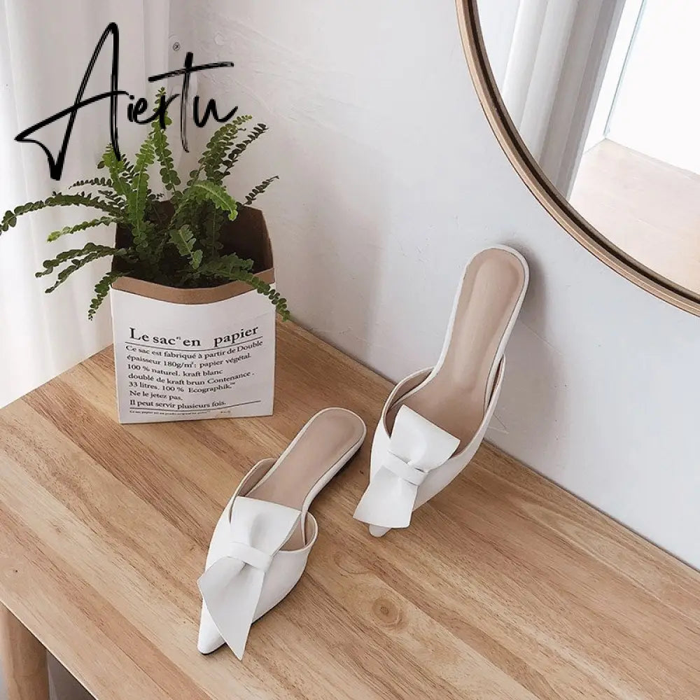 Aiertu  Pointed flat bow slippers women summer wear Baotou half slippers new fashion lazy sandals women's shoes Aiertu