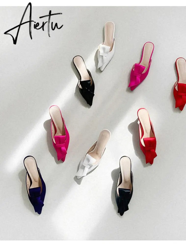 Aiertu  Pointed flat bow slippers women summer wear Baotou half slippers new fashion lazy sandals women's shoes Aiertu