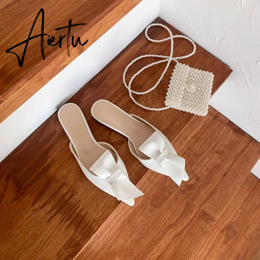 Aiertu  Pointed flat bow slippers women summer wear Baotou half slippers new fashion lazy sandals women's shoes Aiertu