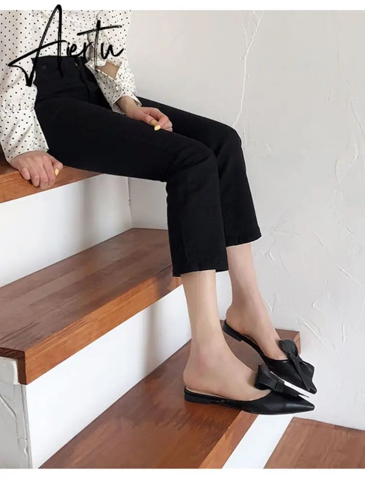 Aiertu  Pointed flat bow slippers women summer wear Baotou half slippers new fashion lazy sandals women's shoes Aiertu