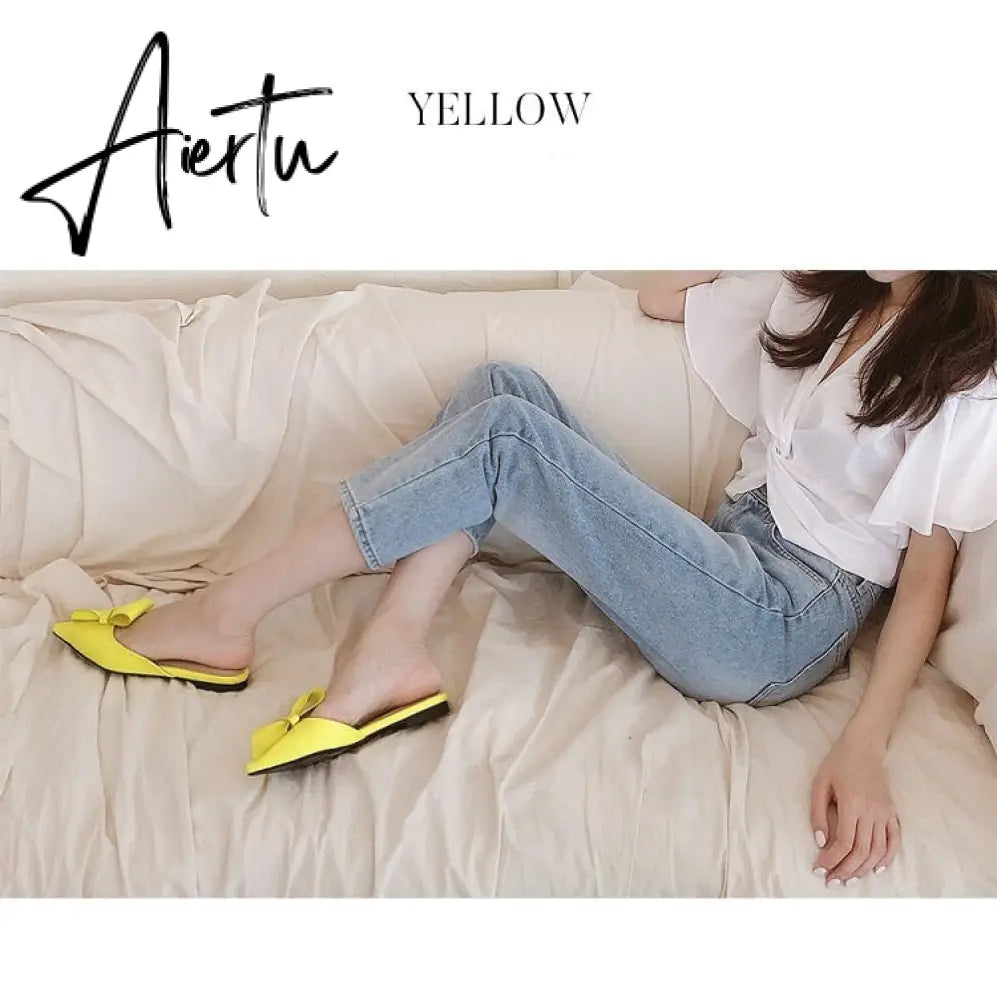 Aiertu  Pointed flat bow slippers women summer wear Baotou half slippers new fashion lazy sandals women's shoes Aiertu