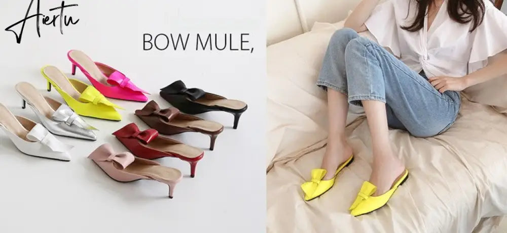 Aiertu  Pointed flat bow slippers women summer wear Baotou half slippers new fashion lazy sandals women's shoes Aiertu